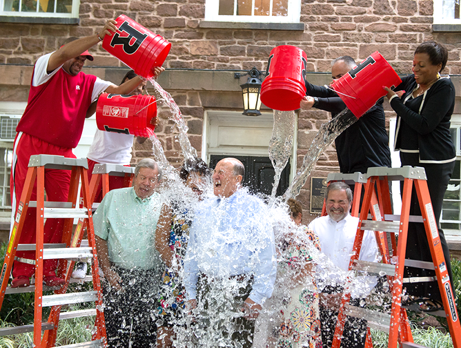 President Barchi and four Rutgers chancellors doing the ALS bucket challenge